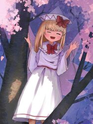Rule 34 | 1girl, blonde hair, bow, bowtie, capelet, cherry blossoms, closed eyes, dress, fairy, fairy wings, hat, hat bow, lily white, long hair, long sleeves, open mouth, red bow, red bowtie, smile, solo, standing on branch, touhou, waving, white capelet, white dress, white hat, wide sleeves, wings, yoirone