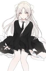 Rule 34 | 1girl, black dress, black necktie, bow, breasts, closed mouth, collared shirt, dress, feet out of frame, grey eyes, grey hair, hair bow, knees together feet apart, long sleeves, looking at viewer, lpip, necktie, original, parted bangs, shirt, simple background, sitting, sleeves past wrists, small breasts, solo, white background, white bow, white shirt