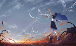 Rule 34 | 1boy, absurdres, animal, arsh (thestarwish), backpack, bag, bird, blue hair, blue sky, boots, cloud, commentary, english commentary, facing away, falling leaves, flock, from behind, grass, highres, hood, hood down, hoodie, huge filesize, leaf, light rays, male focus, original, outdoors, outstretched arms, rock, scenery, shirt, short hair, short sleeves, shorts, sky, solo, sunbeam, sunlight, sunset, unworn backpack, unworn bag, white shirt, wings