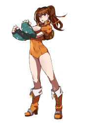 Rule 34 | 10s, 1girl, absurdres, boots, breasts, brown hair, covered navel, cropped jacket, diane (nanatsu no taizai), full body, high heel boots, high heels, highres, knee boots, large breasts, leotard, long hair, makai, nanatsu no taizai, oversized forearms, oversized limbs, purple eyes, solo, twintails