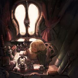 Rule 34 | 1girl, blonde hair, book, bottle, cloak, closed eyes, curtains, day, desk, from above, highres, indoors, jun (navigavi), long sleeves, on chair, paper, pen, sitting, sleeping, solo, staff, sunlight, window, wooden chair, wooden floor