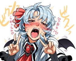 Rule 34 | 1girl, ahegao, bat wings, blue hair, blush, bridal gauntlets, commentary request, double v, eyebrows, fangs, gem, hair ribbon, half-closed eyes, imizu (nitro unknown), mini wings, open mouth, red eyes, remilia scarlet, ribbon, saliva, sexually suggestive, tears, tongue, touhou, translation request, v, vampire, wings