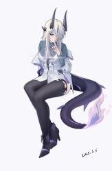 1girl absurdres alter_kamerade ankle_boots aqua_eyes arknights black_boots black_horns black_tail black_thighhighs boots chinese_commentary commentary_request dated diffraction_spikes eblana_(arknights) finger_to_mouth fire flame-tipped_tail full_body grey_background grey_hair hair_over_one_eye high_heel_boots high_heels highres horns invisible_chair long_hair long_sleeves one_eye_covered purple_fire shushing simple_background sitting solo tail thighhighs torn_clothes torn_thighhighs