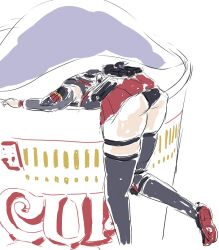Rule 34 | 1girl, ass, black footwear, black panties, black thighhighs, chika (keiin), climbing, colored shoe soles, commentary request, detached sleeves, dual-mode shotgun, foot out of frame, girls&#039; frontline, gun, gun on back, in container, mini person, minigirl, nissin cup noodle, noodle stopper, panties, partial commentary, pleated skirt, pump-action shotgun, pump action, red skirt, semi-automatic shotgun, shoe soles, shoes, shotgun, shotgun shell, simple background, skirt, solo, spas-12, spas-12 (girls&#039; frontline), thigh strap, thighhighs, underwear, weapon, weapon on back, white background