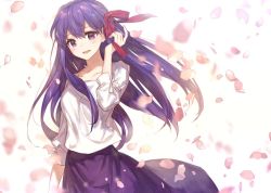 Rule 34 | 1girl, arm at side, chocoan, collarbone, dress shirt, eyebrows, fate/stay night, fate (series), floating hair, hair between eyes, hair ribbon, hand up, long hair, long sleeves, matou sakura, official alternate costume, open mouth, petals, purple eyes, purple hair, purple skirt, red ribbon, ribbon, ruffling hair, shirt, simple background, skirt, sleeves past elbows, smile, solo, upper body, white background, white shirt, wind