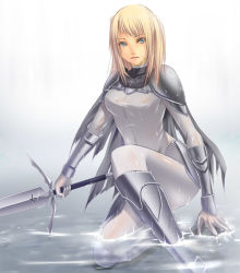 Rule 34 | 00s, 1girl, armor, bad id, bad pixiv id, blonde hair, blue eyes, bodysuit, boots, claymore (series), claymore (sword), dietrich, grey eyes, knee boots, kneeling, on one knee, shokuyou mogura, solo, sword, transparent water, water, weapon, wet, wet clothes