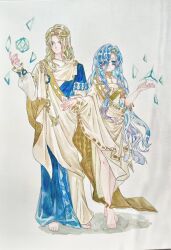 Rule 34 | 1boy, 1girl, 37 (reverse:1999), 6 (reverse:1999), absurdres, ancient greek clothes, armlet, bare shoulders, barefoot, blonde hair, blue eyes, blue hair, circlet, curly hair, full body, gold choker, greco-roman clothes, hair over one eye, hand up, hexagon, highres, himation, holding hands, long hair, looking at viewer, painting (medium), reverse:1999, smile, toga, traditional media, triangle, very long hair, watercolor (medium), yunmu chulan