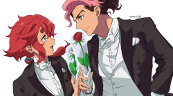 Rule 34 | 1boy, 1girl, anime coloring, artist name, blue eyes, brown hair, closed mouth, emya26, flower, formal, from side, guel jeturk, gundam, gundam suisei no majo, hair tubes, holding, holding flower, looking at another, low ponytail, multicolored hair, no hairband, official alternate costume, official alternate hairstyle, open mouth, pink hair, profile, red flower, red hair, red rose, rose, suletta mercury, tuxedo, two-tone hair, upper body, white background, white flower, white rose