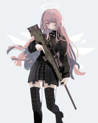 Rule 34 | 1girl, absurdres, arknights, black dress, black footwear, boots, cross-laced clothes, cross-laced footwear, dress, energy wings, enne kl, grey background, gun, halo, highres, holding, holding gun, holding weapon, lace-up boots, lemuen (arknights), long hair, long sleeves, looking at viewer, parted lips, pink eyes, pink hair, rifle, simple background, sniper rifle, solo, thigh boots, thighhighs, trigger discipline, very long hair, weapon, zettai ryouiki