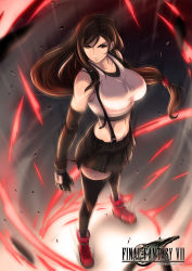 Rule 34 | 1girl, arm guards, artofhuan, black hair, black thighhighs, breasts, clenched hand, collarbone, crop top, earrings, final fantasy, final fantasy vii, final fantasy vii remake, fingerless gloves, from above, full body, gloves, hair over shoulder, highres, jewelry, large breasts, long hair, low-tied long hair, navel, powering up, red eyes, red footwear, shirt, sidelocks, skirt, sleeveless, solo, sports bra, suspender skirt, suspenders, tank top, thighhighs, tifa lockhart, white shirt, white tank top, zettai ryouiki