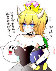 Rule 34 | 1girl, armlet, bare shoulders, blonde hair, blue eyes, blush, bob-omb, boo (mario), bowsette, bracelet, breasts, cleavage, collar, fang, flying sweatdrops, holding, horns, jewelry, jin mocoyama, mario (series), new super mario bros. u deluxe, nintendo, ponytail, shell, spiked armlet, spiked bracelet, spiked collar, spiked shell, spikes, super crown, sweat, translation request, turtle shell, white background