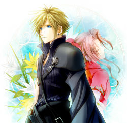 Rule 34 | 1boy, 1girl, aerith gainsborough, arm belt, armor, back-to-back, black shirt, blonde hair, blue eyes, brown hair, closed eyes, cloud strife, couple, cropped jacket, earrings, final fantasy, final fantasy vii, final fantasy vii advent children, flower, hair between eyes, hair ribbon, high collar, jacket, jewelry, leaf, long hair, looking to the side, open collar, parted bangs, persia (blue-sky), red jacket, red ribbon, ribbon, shirt, short hair, short sleeves, shoulder armor, shoulder strap, sidelocks, single earring, sleeveless, sleeveless shirt, spiked hair, square enix, vignetting, waist cape, white flower, wolf, yellow flower, zipper
