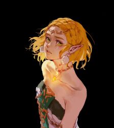 Rule 34 | bare shoulders, black background, blonde hair, braid, collarbone, crown braid, dress, earrings, green eyes, highres, jewelry, looking at viewer, magatama, magatama necklace, medium hair, necklace, nintendo, pointy ears, princess zelda, psp26958748, simple background, strapless, strapless dress, the legend of zelda, the legend of zelda: tears of the kingdom, white dress