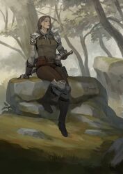 Rule 34 | 1girl, absurdres, armor, artist name, belt, belt pouch, black footwear, brown hair, brown pants, brown shirt, day, fantasy, full body, gauntlets, highres, original, outdoors, pants, pouch, rock, sheath, sheathed, shirt, sitting, solo, sonech, sword, weapon