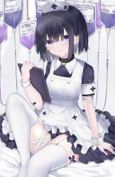 Rule 34 | 1girl, :o, apron, arm support, armband, black dress, black hair, blood, blood bag, dress, feet out of frame, frilled apron, frills, garter straps, hair between eyes, hand up, hat, highres, holding, knee up, looking at viewer, neku (neku draw), nurse, nurse cap, original, parted lips, purple eyes, safety pin, short hair, short sleeves, solo, thighhighs, white apron, white thighhighs