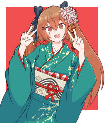 Rule 34 | 1girl, 404 logo (girls&#039; frontline), bow, brown eyes, brown hair, commentary request, double v, flower, girls&#039; frontline, green kimono, hair bow, hair flower, hair ornament, highres, japanese clothes, kimono, long hair, looking at viewer, obi, official alternate costume, open mouth, red background, sash, scar, scar across eye, simple background, smile, solo, twintails, ump9 (girls&#039; frontline), ump9 (wayfarer of the profound) (girls&#039; frontline), v, very long hair, zukzuk13