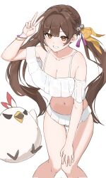Rule 34 | 1girl, bare legs, bare shoulders, bikini, bird, blush, brown eyes, brown hair, chicken, commentary request, feet out of frame, grin, hair intakes, hand up, highres, honkai: star rail, honkai (series), long hair, looking at viewer, navel, off-shoulder bikini, off shoulder, simple background, smile, solo, standing, stomach, sushang (honkai: star rail), swimsuit, thighs, tsukanko16, twintails, v, very long hair, white background, white bikini