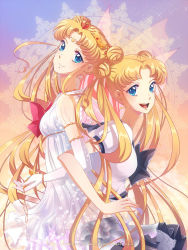 Rule 34 | 1990s (style), 2girls, adapted costume, alternate hairstyle, back-to-back, bishoujo senshi sailor moon, blonde hair, blue eyes, blue sailor collar, bow, bracelet, crescent, crescent facial mark, double bun, dress, dual persona, facial mark, forehead mark, gradient background, hair bun, highres, jewelry, juuban high school uniform, kaminary, locked arms, long hair, multiple girls, neo queen serenity, purple background, red bow, retro artstyle, ribbon, sailor collar, sailor moon, school uniform, smile, tiara, tsukino usagi, twintails, watermark, web address, yellow background