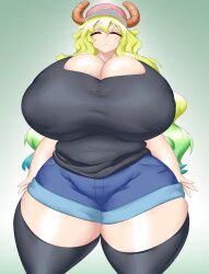 Rule 34 | 1girl, absurdres, baseball cap, black tank top, black thighhighs, blonde hair, blue hair, blue shorts, breasts, cleavage, closed eyes, closed mouth, cowboy shot, curvy, dragon horns, gigantic breasts, gradient background, gradient hair, green background, green hair, hat, highres, horns, kobayashi-san chi no maidragon, kyelyn, lucoa (maidragon), multicolored hair, shorts, solo, standing, tank top, thick thighs, thighhighs, thighs, wide hips
