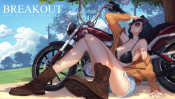 Rule 34 | 1girl, absurdres, arm support, artist request, ass, bare shoulders, black hair, boots, breasts, brown-tinted eyewear, cleavage, collarbone, english text, female focus, fingernails, hand in own hair, harley davidson, highres, jacket, looking up, medium hair, motor vehicle, motorcycle, open clothes, open jacket, original, outdoors, shade, short shorts, shorts, sitting, sky, solo, sunglasses, thighs, tinted eyewear, tree, tree shade, vehicle, yellow jacket