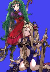 Rule 34 | 2girls, absurdres, barefoot, blonde hair, blue background, closed mouth, commission, cosplay, costume switch, dress, ebinku, fire emblem, fire emblem: three houses, flower, full body, green eyes, green hair, hair flower, hair ornament, highres, holding, holding staff, holding sword, holding weapon, kid icarus, kid icarus uprising, long hair, multiple girls, viridi, navel, nintendo, pointy ears, side ponytail, simple background, sitting, smile, sothis (fire emblem), sothis (fire emblem) (cosplay), staff, sword, tiara, viridi (cosplay), weapon