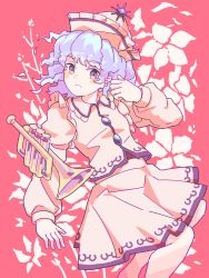 Rule 34 | 1girl, blue eyes, blue hair, eyelashes, floral background, hat, highres, instrument, juliet sleeves, light blue hair, long sleeves, looking at viewer, merlin prismriver, open mouth, pink background, pink hat, pink shirt, pink skirt, pink vest, puffy sleeves, shirt, short hair, skirt, touhou, trumpet, vest, wasabisuke