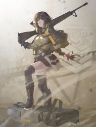 Rule 34 | 1girl, absurdres, black footwear, black hair, black thighhighs, boots, braid, breasts, closed mouth, commentary request, eyepatch, full body, girls&#039; frontline, gloves, griffin &amp; kryuger, headphones, highres, holding, holding weapon, large breasts, long hair, long sleeves, looking at viewer, m16, m16a1, m16a1 (girls&#039; frontline), multicolored hair, pleated skirt, shirt, shu70077, skirt, smile, solo, standing, streaked hair, thighhighs, weapon