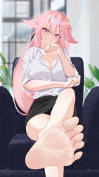 Rule 34 | 1girl, absurdres, barefoot, blush, breasts, cleavage, crossed legs, feet, foot focus, genshin impact, highres, large breasts, long hair, looking at viewer, miniskirt, office lady, parted lips, pink hair, purple eyes, sitting, skirt, smile, soles, solo, toes, yae miko