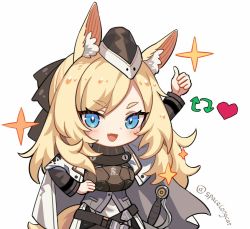 Rule 34 | 1girl, :d, animal ear fluff, animal ears, arknights, arm up, artist name, black hat, blonde hair, blue eyes, blush, breasts, cape, chibi, commentary, cowboy shot, hand on own chest, hat, heart, long hair, looking at viewer, medium breasts, meme, mini hat, open mouth, simple background, smile, solo, spacelongcat, sparkle, thumbs up, twitter username, whislash (arknights), white background, white cape