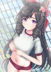 Rule 34 | 1girl, alternate costume, animal ears, black hair, blurry, blurry background, bow, braid, breasts, buruma, clothes lift, commentary request, daiichi ruby (umamusume), fence, groin, hair bow, horse ears, horse tail, looking at viewer, naruruka0805, navel, purple eyes, shirt lift, small breasts, smile, solo, stomach, tail, umamusume