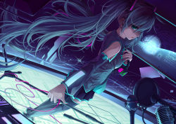Rule 34 | 1girl, bare shoulders, black footwear, black thighhighs, blue eyes, blue hair, boots, cable, character name, curry bowl, dark, detached sleeves, hair ornament, hatsune miku, holographic interface, long hair, looking at viewer, matching hair/eyes, nail polish, parted lips, pleated skirt, ragnarok026, skirt, solo, thighhighs, twintails, very long hair, vocaloid, zettai ryouiki