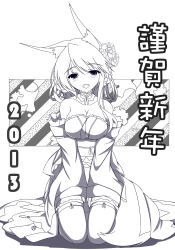 Rule 34 | 10s, 1girl, 2013, :d, animal ears, breasts, chinese text, cleavage, cowboy shot, detached sleeves, dress, fatkewell, fox ears, fox tail, frilled thighhighs, frills, happy new year, japanese clothes, kimono, kneeling, lineart, looking at viewer, monochrome, new year, open mouth, original, simple background, smile, tail, thighhighs, traditional chinese text, white background