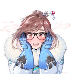 Rule 34 | 1girl, artist name, beads, black-framed eyewear, blue gloves, blush, coat, embarrassed, eyebrows, fur-trimmed jacket, fur coat, fur trim, glasses, gloves, hair bun, hair ornament, hair stick, hands on own cheeks, hands on own face, highres, jacket, looking at viewer, mei (overwatch), open mouth, overwatch, overwatch 1, panza, parka, short hair, sidelocks, single hair bun, snowflake hair ornament, solo, swept bangs, teeth, upper body, winter clothes, winter coat