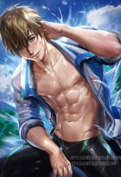 Rule 34 | 10s, 1boy, abs, arm behind head, artist name, bad link, black male swimwear, blue shirt, blue sky, brown hair, cloud, cloudy sky, collarbone, collared shirt, day, free!, green eyes, hair between eyes, hand up, legskin, long sleeves, looking at viewer, male focus, male swimwear, muscular, navel, nipples, open clothes, open shirt, outdoors, parted lips, pectorals, sakimichan, shirt, short hair, sitting, skin tight, sky, sleeves pushed up, smile, solo, splashing, stomach, swimsuit, tachibana makoto, unzipped, water, watermark, web address, wet, zipper