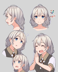 Rule 34 | 1girl, ahoge, black vest, blue eyes, braid, collarbone, color guide, commentary, from side, furrowed brow, grey background, grey hair, highres, kizuna akari, kuz, long hair, looking at viewer, multiple views, open mouth, own hands together, portrait, saliva, shirt, smile, upper body, vest, voiceroid, white shirt
