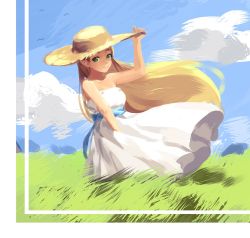Rule 34 | 1girl, adjusting clothes, adjusting headwear, arm up, bare shoulders, blue sky, cloud, cloudy sky, collarbone, commentary request, day, dress, grass, green eyes, hat, looking at viewer, nintendo, off-shoulder dress, off shoulder, outdoors, princess zelda, sky, solo, standing, straw hat, the legend of zelda, the legend of zelda: breath of the wild, thick eyebrows, werlosk, white dress, wind