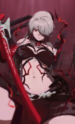 Rule 34 | 1girl, 2024, absurdres, acheron (honkai: star rail), armor, bare shoulders, belt, black belt, black choker, black coat, black gloves, black shirt, black shorts, blurry, blurry background, body markings, breasts, choker, cleavage, closed mouth, coat, colored extremities, commentary, cowboy shot, criss-cross halter, crop top, dated, flower, gloves, hair intakes, hair ornament, hair over one eye, halterneck, hand on own hip, highres, holding, holding sword, holding weapon, honkai: star rail, honkai (series), iriliria, katana, large breasts, long hair, looking at viewer, midriff, mixed-language commentary, navel, official alternate color, planted, planted sword, planted weapon, red eyes, red flower, red hands, red theme, shirt, shorts, shoulder armor, signature, solo, sword, weapon, white hair