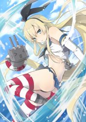 Rule 34 | &gt; &lt;, 10s, 1girl, anchor hair ornament, ass, bare shoulders, black panties, blonde hair, blue eyes, day, elbow gloves, gloves, hair ornament, hairband, highleg, highleg panties, highres, kantai collection, lifebuoy, long hair, looking at viewer, matsuyangu, microskirt, ocean, panties, pleated skirt, rensouhou-chan, sailor collar, shimakaze (kancolle), skirt, sky, striped clothes, striped thighhighs, swim ring, thighhighs, thong, underwear, white gloves