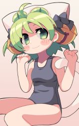 Rule 34 | 1girl, ahoge, alternate costume, animal hat, bell, black one-piece swimsuit, blush, breasts, cat hat, cat tail, closed mouth, commentary, dejiko, di gi charat, feet out of frame, gradient background, green eyes, green hair, hair bell, hair ornament, hat, highres, jingle bell, looking at viewer, medium breasts, one-piece swimsuit, paw pose, pink background, short hair, smile, solo, swimsuit, tail, ugif