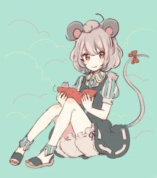Rule 34 | 1girl, :t, animal, animal ears, animal on shoulder, black dress, bloomers, blush stickers, bow, dress, eating, food, food bite, fruit, full body, green background, grey hair, holding, knees up, mouse (animal), mouse ears, mouse on head, mouse tail, mozukuzu (manukedori), nazrin, panties, pantyshot, red bow, sandals, shirt, short hair, short sleeves, sitting, striped clothes, striped shirt, tail, tail bow, tail ornament, touhou, underwear, watermelon