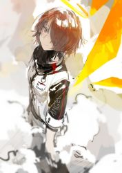 Rule 34 | 1girl, arknights, blush, brown eyes, clothes writing, custom (cus-tom), energy wings, exusiai (arknights), hair over one eye, halo, id card, jacket, red hair, smile, smoke, solo, wings