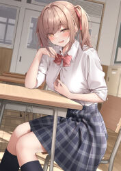 Rule 34 | 1girl, black socks, blush, bow, bowtie, breasts, brown eyes, brown hair, button gap, chair, classroom, collared shirt, commentary request, desk, hair ornament, hair ribbon, highres, indoors, kneehighs, large breasts, long hair, looking at viewer, monaka curl, open mouth, original, red bow, red bowtie, red ribbon, ribbon, shirt, shirt tucked in, sitting, skirt, smile, socks, solo, twintails, white shirt