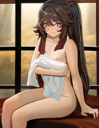 Rule 34 | 1girl, areola slip, aruman, black nails, breast lift, brown hair, collarbone, commentary, covering privates, cowboy shot, flower-shaped pupils, forest, genshin impact, highres, holding, holding towel, hu tao (genshin impact), jewelry, long hair, looking at viewer, multiple rings, muntins, nature, naughty face, nipple slip, nipples, nude, nude cover, red eyes, ring, sitting, smile, solo, sweat, symbol-shaped pupils, towel, twintails, variant set, very long hair, window