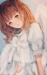 Rule 34 | 1girl, angel, angel wings, blue background, blue eyes, bow, brown hair, commentary request, dress, eyelashes, head tilt, highres, looking at viewer, medium hair, messy hair, orie h, original, puffy sleeves, short sleeves, solo, white bow, white dress, wings