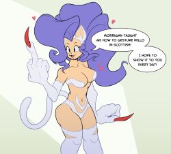 Rule 34 | 1girl, animal ears, animal hands, artistaloiacono, blue hair, breasts, cat ears, cat tail, english text, felicia (vampire), heart, highres, large breasts, long hair, middle finger, tail, vampire (game), very long hair, white fur