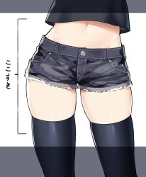 Rule 34 | 1girl, black shirt, black shorts, black thighhighs, commentary request, cutoffs, highres, lower body, midriff peek, navel, original, shirt, short shorts, shorts, simple background, skindentation, sky-freedom, solo, standing, thighhighs, thighs, translated, white background