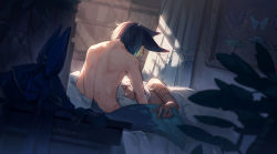 Rule 34 | animal ears, animal hat, back, bed, bite mark, black hair, blurry, blurry foreground, closed eyes, completely nude, curtains, cyno (genshin impact), dark-skinned male, dark skin, dated, earrings, fox boy, fox ears, fox tail, from behind, genshin impact, gloves, unworn gloves, green hair, hair between eyes, hair over one eye, hat, unworn hat, unworn headwear, highres, indoors, jewelry, long hair, lying, morning, multicolored hair, nude, on side, plant, signature, single earring, sitting, sleeping, tail, tighnari (genshin impact), tuanzimiao1, under covers, white hair, yaoi