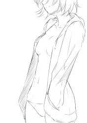Rule 34 | 1girl, breasts, collarbone, greyscale, hands in pockets, head out of frame, highres, hood, hoodie, medium breasts, monochrome, navel, niwatazumi, no bra, no shirt, open clothes, open hoodie, original, panties, short hair, sketch, smile, solo, underwear, white background