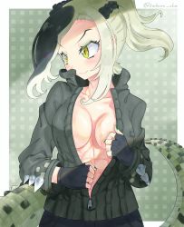 Rule 34 | 1girl, abs, black gloves, braid, breasts, closed mouth, collarbone, collared jacket, crocodilian tail, eyebrows, fingerless gloves, fingernails, french braid, gloves, green eyes, green hair, green jacket, green nails, high collar, high ponytail, highres, jacket, kedama (ughugjydthjdf), kemono friends, long hair, long sleeves, looking to the side, medium hair, multicolored hair, nail polish, no bra, pants, partially unzipped, saltwater crocodile (kemono friends), sidelocks, smile, solo, spikes, stomach, tail, toned, twitter username, unaligned breasts, undressing, upper body, zipper, zipper pull tab