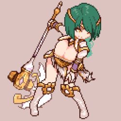 Rule 34 | 1girl, animated, animated gif, axe, bouncing breasts, breasts, cleavage, fire emblem, fire emblem heroes, green hair, momiahair, nintendo, pixel art, simple background, solo, thorr (fire emblem), weapon
